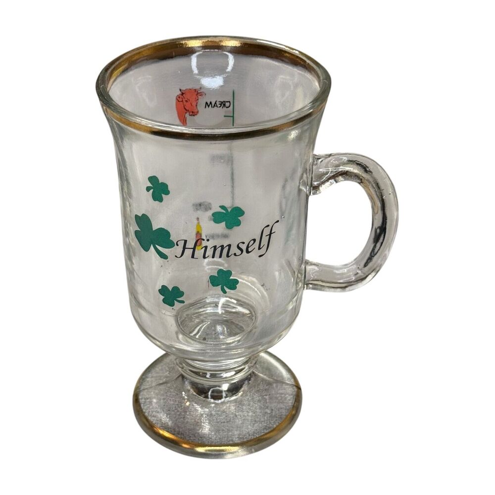 Vintage Irish Coffee Mug Clear Glass Clover Gold Rim with Handle Stem Drinkware - Picture 1 of 5